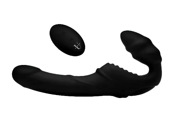 Female Sex Toys XR Brands Pro Rider 9X Vibrating Silicone Strapless Strap On with Remote Control